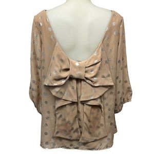 JUDITH MARCH Blouse USA Women’s Bow Tan Metallic Polka Dot Size Large
